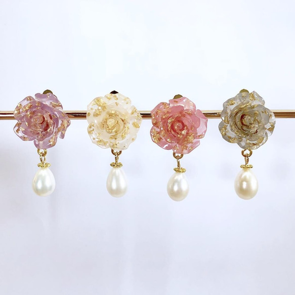 《天然珍珠》金箔果凍玫瑰氣質耳環/耳夾 第1張的照片