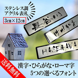 【送料無料】ステンレス調　アクリル表札【3cm×12cm】セミオーダー　屋外対応 【アクリルネームプレート】レーザー彫刻 1枚目の画像