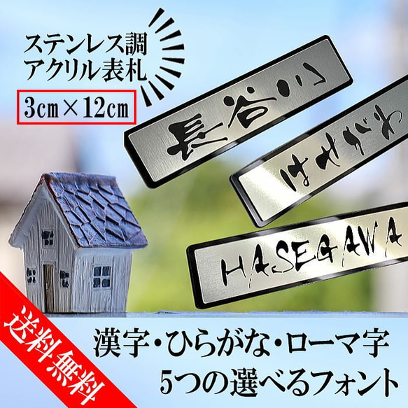 【送料無料】ステンレス調　アクリル表札【3cm×12cm】セミオーダー　屋外対応 【アクリルネームプレート】レーザー彫刻 1枚目の画像