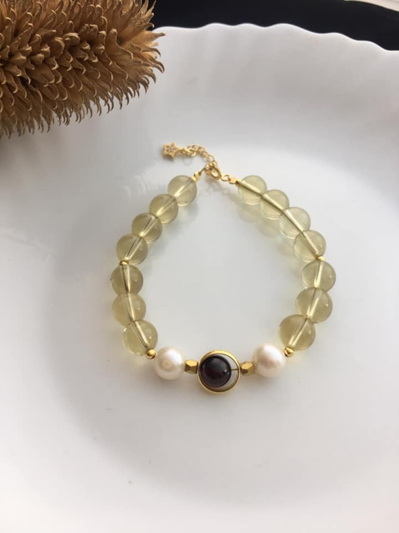 Amanda Jewelry『開幕慶 任兩件88折』『黃金歲月』天然黃水晶 紅石榴石 珍珠 銀鍍K金配飾 原創手鏈 第2張的照片