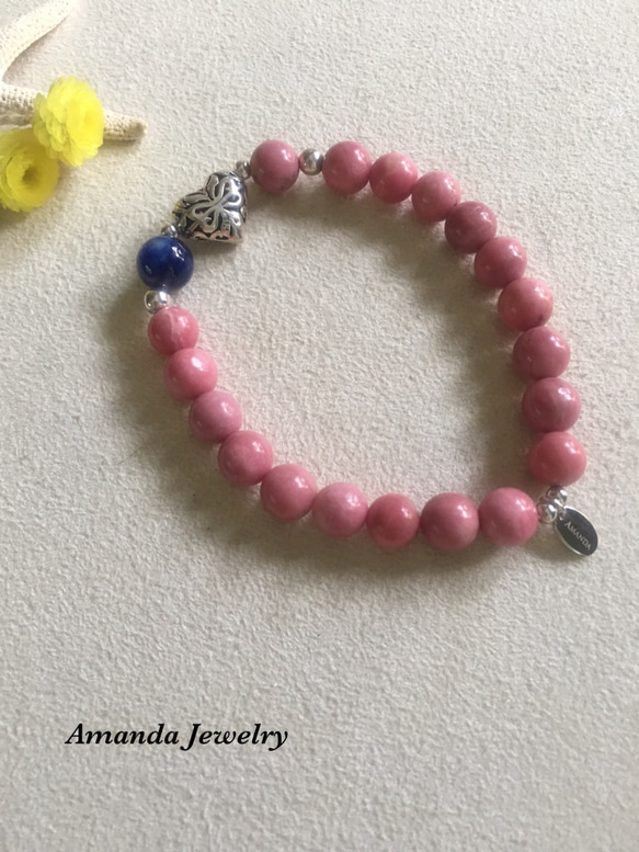 Amanda Jewelry【開幕慶 任兩件88折】天然薔薇灰石搭配藍晶石 925銀 原創設計手鍊 第1張的照片