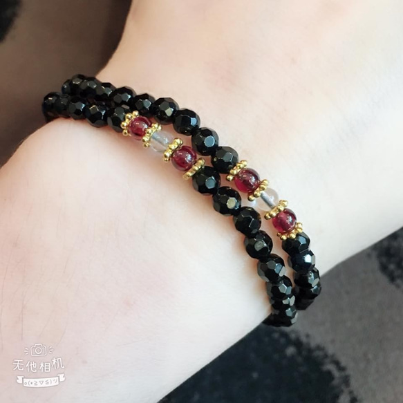 Amanda Jewelry【開幕慶 任兩件88折】天然刻面黑碧璽 紅石榴石 原創設計雙圈 手鏈 第2張的照片