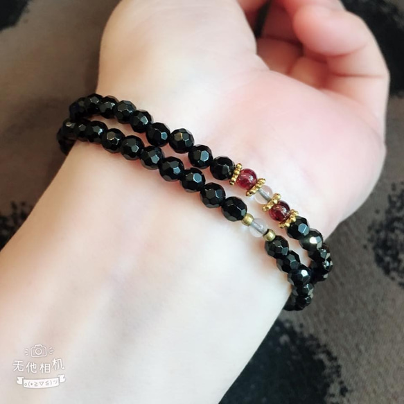 Amanda Jewelry【開幕慶 任兩件88折】天然刻面黑碧璽 紅石榴石 原創設計雙圈 手鏈 第3張的照片