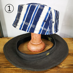 ２種のツバを気分や洋服に合わせファスナーで取り替え可能。西アフリカ・エウェ族の藍染め手織り綿を使用した帽子。 7枚目の画像