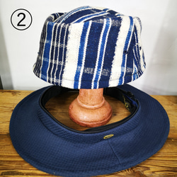 ２種のツバを気分や洋服に合わせファスナーで取り替え可能。西アフリカ・エウェ族の藍染め手織り綿を使用した帽子。 8枚目の画像