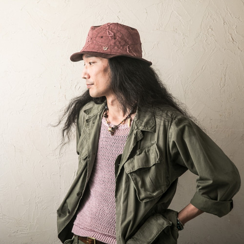 着画あり￼ハンドメイドダメージ加工ダークグレーコットンハット