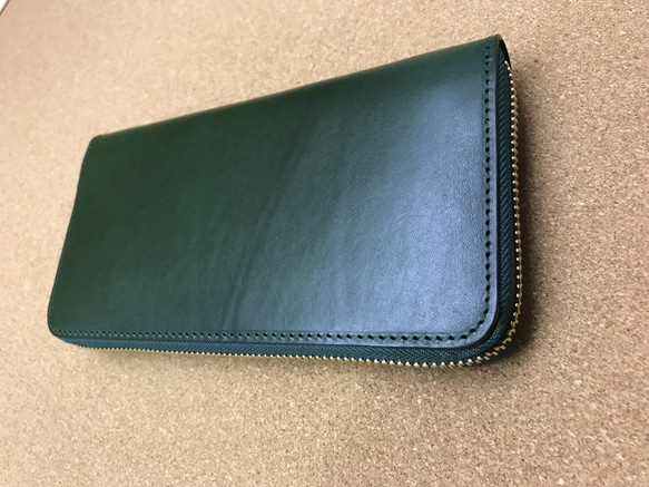 イタリアンレザー・ブッテーロ・ラウンド長財布（グリーン×D.ブラウンorブラック）内装2色から選択 3枚目の画像