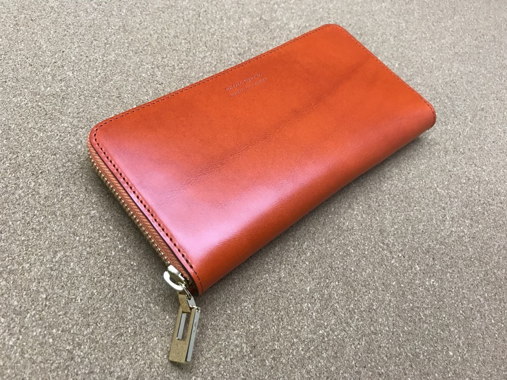 イタリアンレザー・ブッテーロ・ラウンド長財布（オレンジ×D.ブラウンorブラック）　内装2色から選択