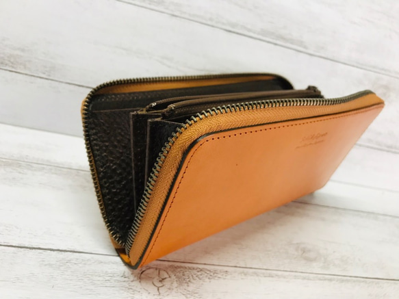 イタリアンレザー・ブッテーロ・ラウンド長財布（オレンジ×D.ブラウンorブラック）　内装2色から選択 7枚目の画像
