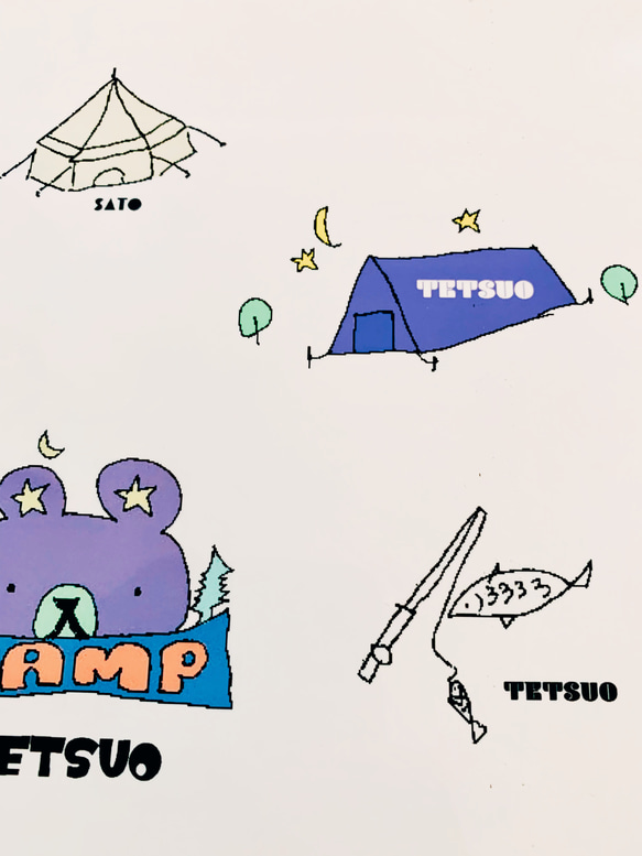 【名入れシール】耐水 UVカット キャンプのイラスト　名入れ　シール　ステッカー　名前シール 5枚目の画像