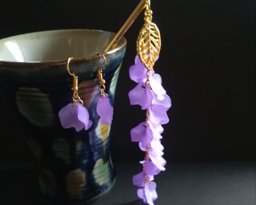 和風】藤の花の簪&ピアスセット（チャーム）【浴衣】【夏祭り