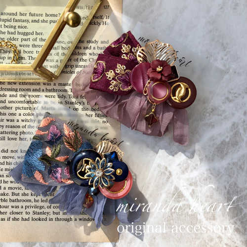 no.59 ハンドメイド　デニム刺繍リボンとフリフリフリンジのヘアアクセサリー no.59 ハンドメイドデニム刺繍リボンとフリフリフリンジのヘア