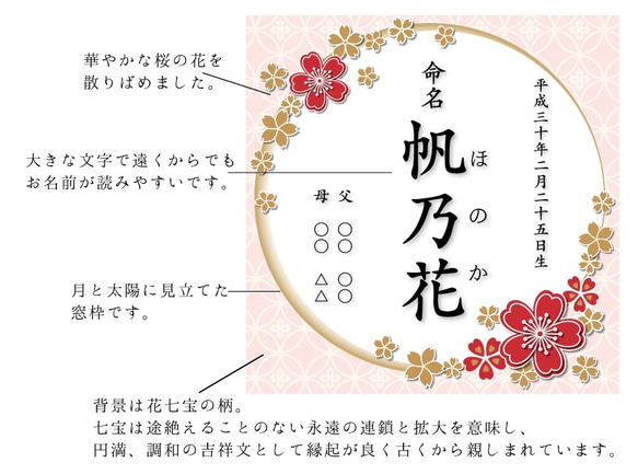 命名書バースデーポスター月と太陽と桜の和柄七宝文様 2枚目の画像