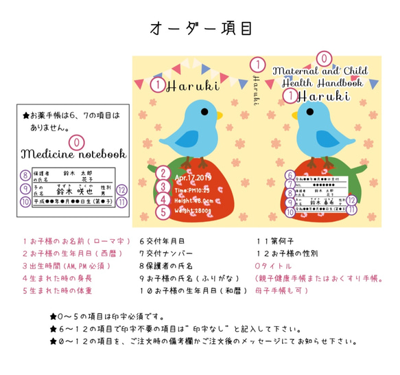 母子手帳カバー青い鳥と苺*透明ビニール対応サイズ対応 3枚目の画像