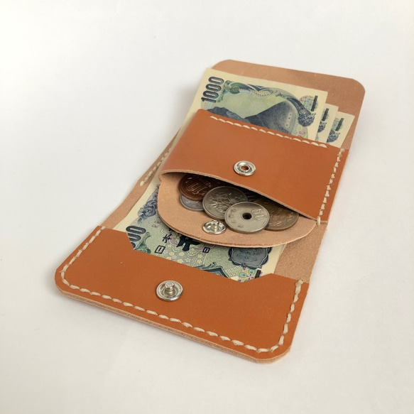 レザークラフト　三つ折りミニ財布（シュリンク　キャメル）送料込み 2枚目の画像