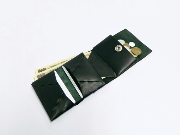 コンパクト三つ折り財布　グリーン/イタリアンカーフ/組み立て 2枚目の画像