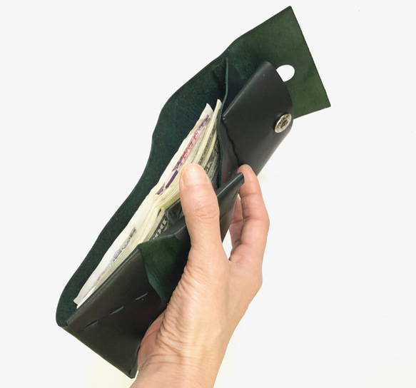 コンパクト三つ折り財布　グリーン/イタリアンカーフ/組み立て 8枚目の画像