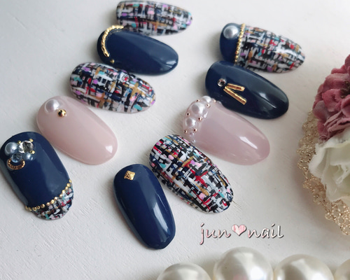 ♡ブルーツイードネイル♡ ネイルチップ　ハンドメイド 3_6d2fd9f81423fcdf50d62fc02be3