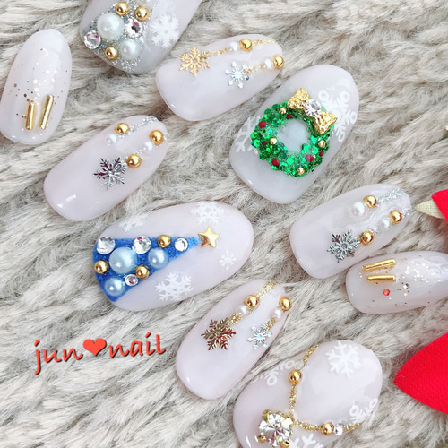 ♡クリスマスネイル♡上品シアーホワイト ネイルチップ（つけ爪