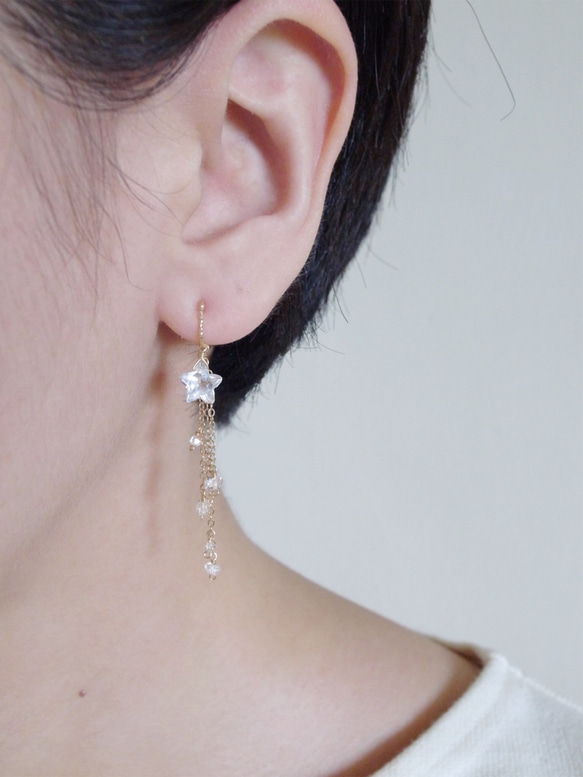 14KGF 白水晶×赫基蒙水晶 流星 天然石耳環 兩種戴法 聖誕禮物 第10張的照片