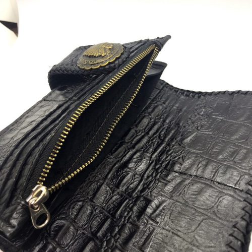 バイカーズウォレット】クロコダイル 本革 長財布 財布 ブラック 黒 長