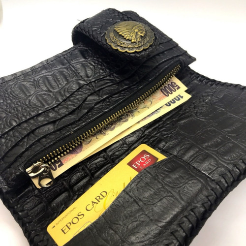 バイカーズウォレット】クロコダイル 本革 長財布 財布 ブラック 黒 長