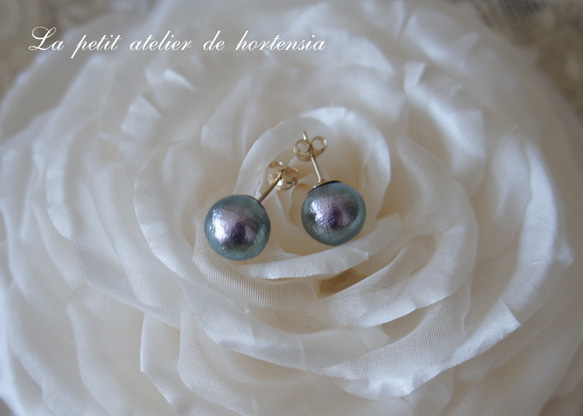 14kgf☆8mmリッチグレー☆コットンパール一粒ピアス リッチグレー  