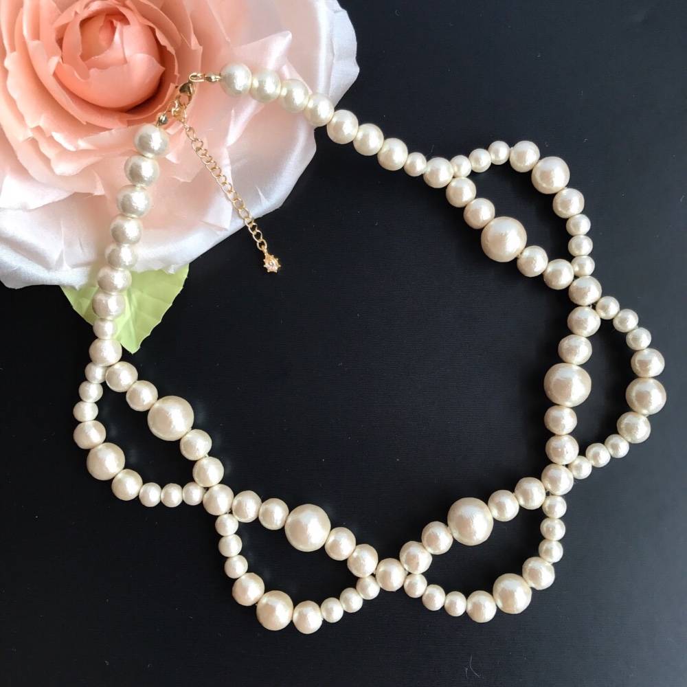 コットンパール・フリルネックレス☆付け襟チョーカージルコニア☆ティアラウェディング結婚式ブライダル☆14kgf変更可