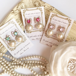 14kgf 耳環 ☆ Swarovski Bijou ☆ Cotton Pearl ☆ Pink Opal &amp; Whit 第2張的照片