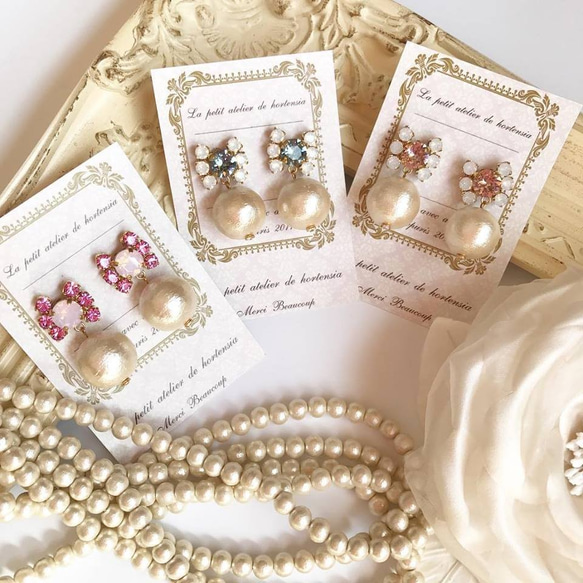 14kgf 耳環 ☆ Swarovski Bijou ☆ 棉珍珠 ☆ 綠松石和白色蛋白石 04 第2張的照片