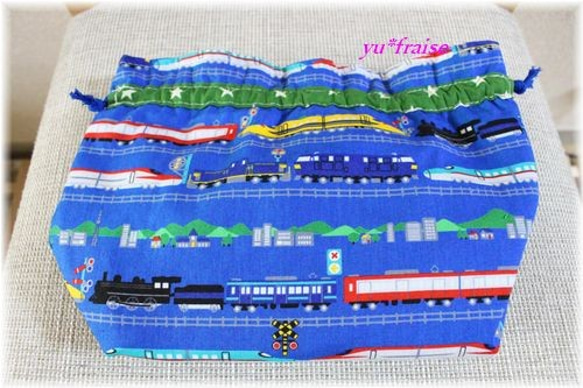 保冷ランチ巾着（お弁当入れ）☆ネイビー新幹線と線路柄 4枚目の画像