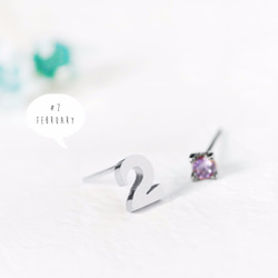 數字＆2月 誕生石 紫水晶 針式 耳環 (silver925) 第1張的照片