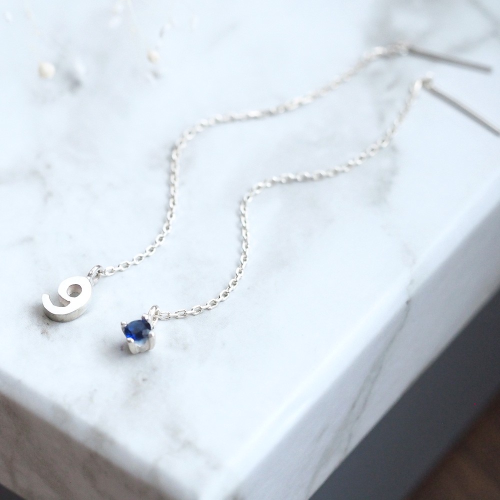 数字＆9月 誕生石 サファイア チェーン ピアス シルバー925