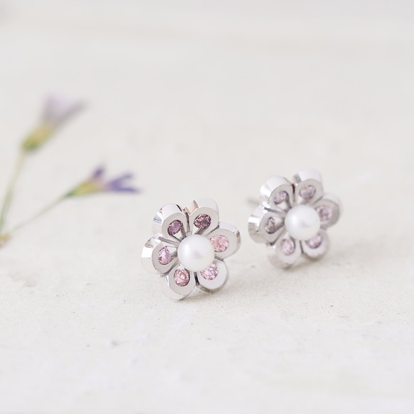 粉紅珍珠花朵耳環 銀 925 第1張的照片