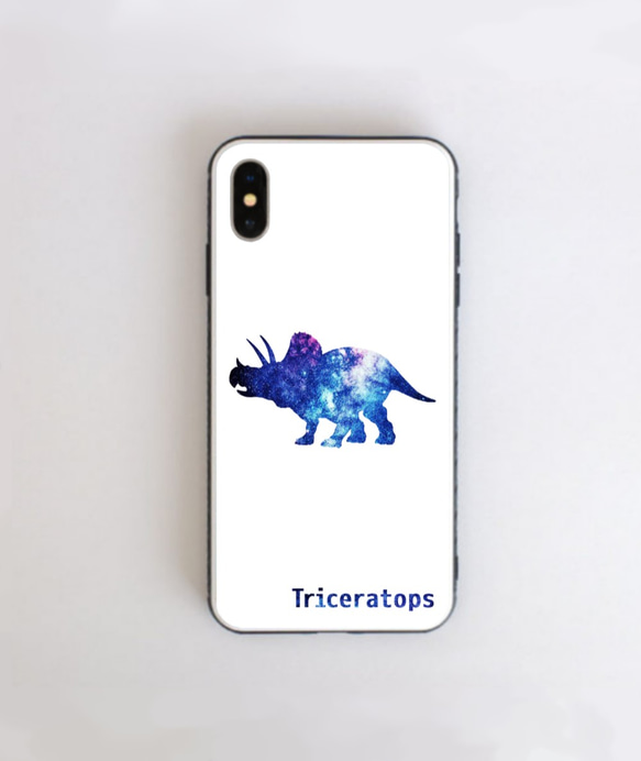 恐竜 トリケラトプス 星空ver 強化ガラス スマホケース iPhone12 も対応！ 1枚目の画像