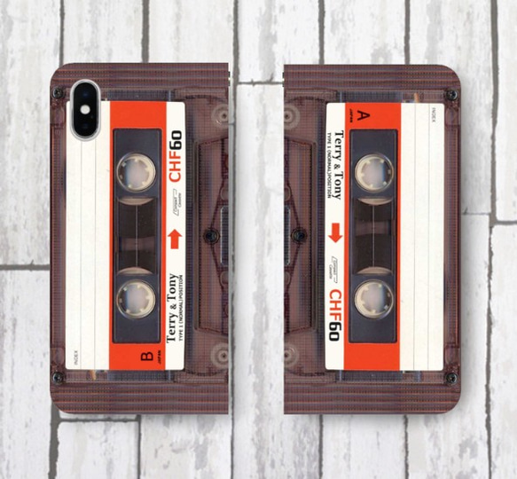 レトロ カセットテープ 柄 ver1 帯なし手帳型スマホケース iPhone12・iPhoneSE3にも対応！ 2枚目の画像