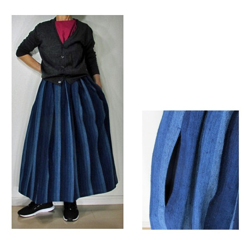 商品/telitea裏地なしスカート丈86cm日本藍染め節織備後絣かつお縞  