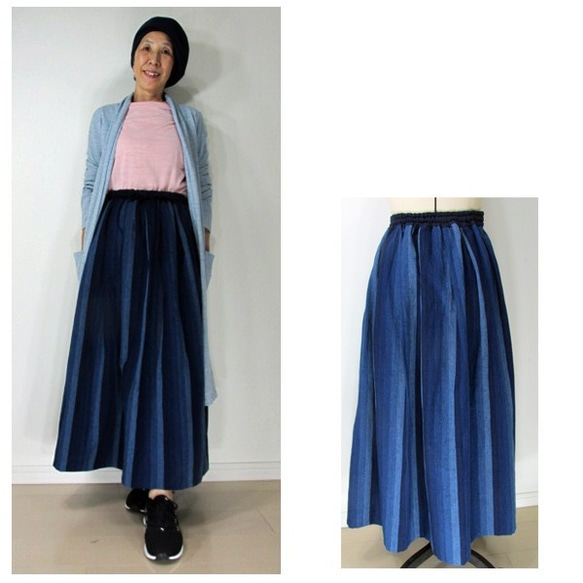 商品/teliteスカート丈72cm短め裏地なし日本藍染め節織備後絣かつお縞グラデーション木綿スカート（SK-0107) 6枚目の画像
