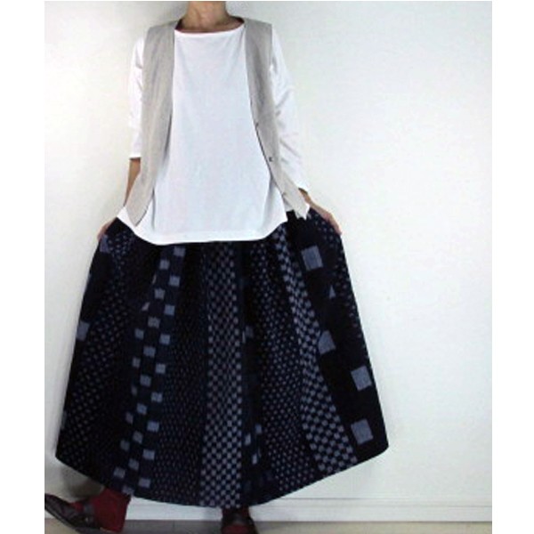 受注制作/スカート丈86cm裏地なし日本藍染め節織備後９種絣柄木綿スカート（SK-0113)