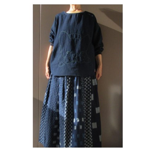 商品/telitea日本備後絣藍染めフレンチブルドッグ刺し子イラスト衿  