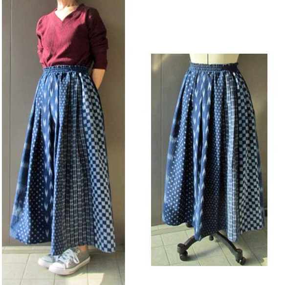 再販/商品/teliteaスカート日本備後絣藍染めウエストタックゴム86cm丈ロングスカート（SK-0091) 1枚目の画像