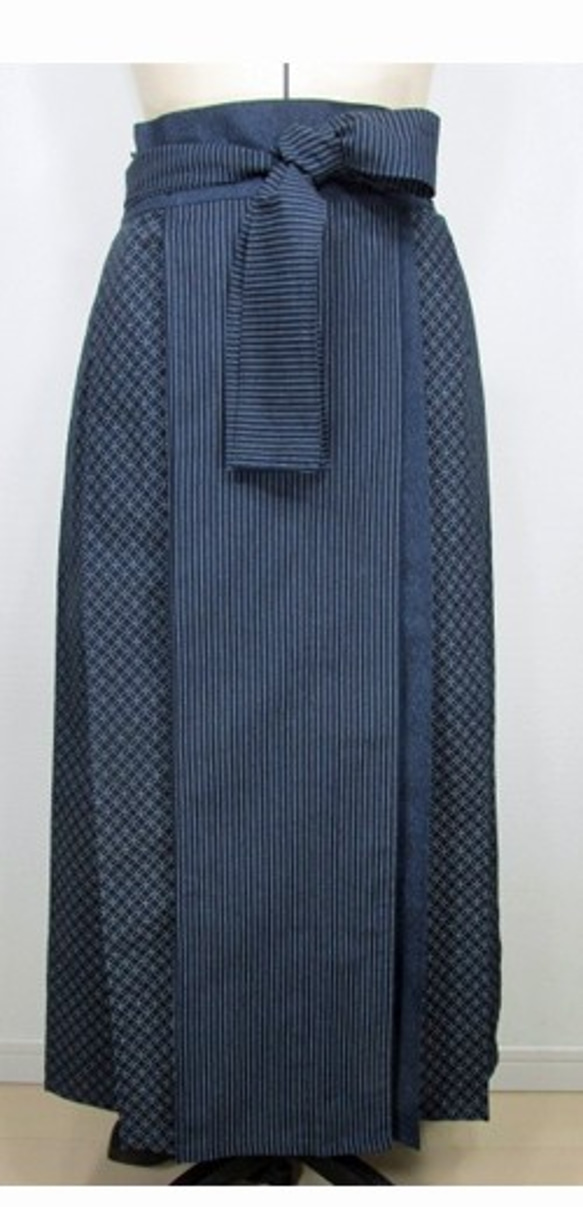 展示作品/telitea/スカート小紋とストライプ和柄プリント木綿ラップロングスカート（SK-0094) 2枚目の画像