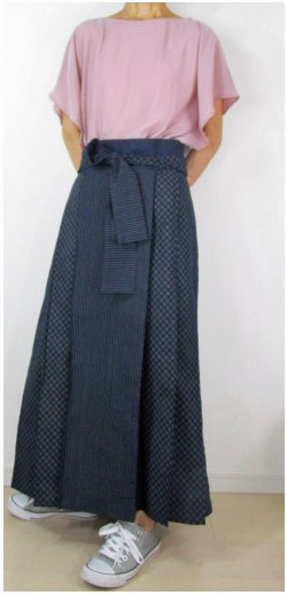 展示作品/telitea/スカート小紋とストライプ和柄プリント木綿ラップロングスカート（SK-0094) 5枚目の画像