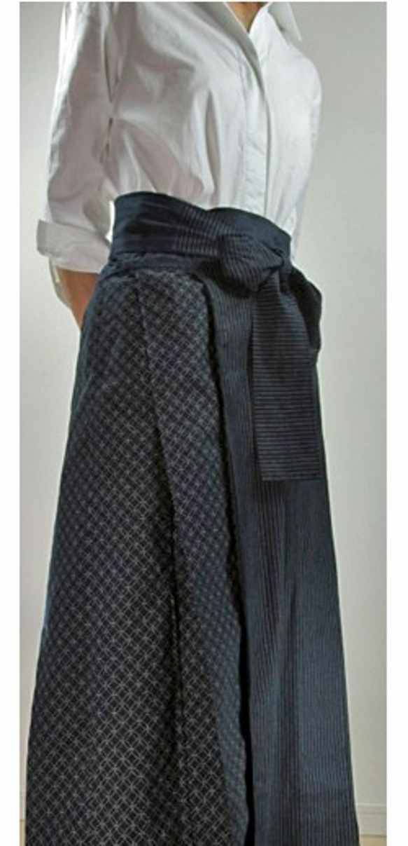 展示作品/telitea/スカート小紋とストライプ和柄プリント木綿ラップロングスカート（SK-0094) 7枚目の画像