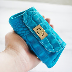 【ミニ財布】晴れやかなターコイズブルー  クロコ柄 本革 レザー ミニマルキャッシュレス時代に コンパクトな財布 ケース 3枚目の画像