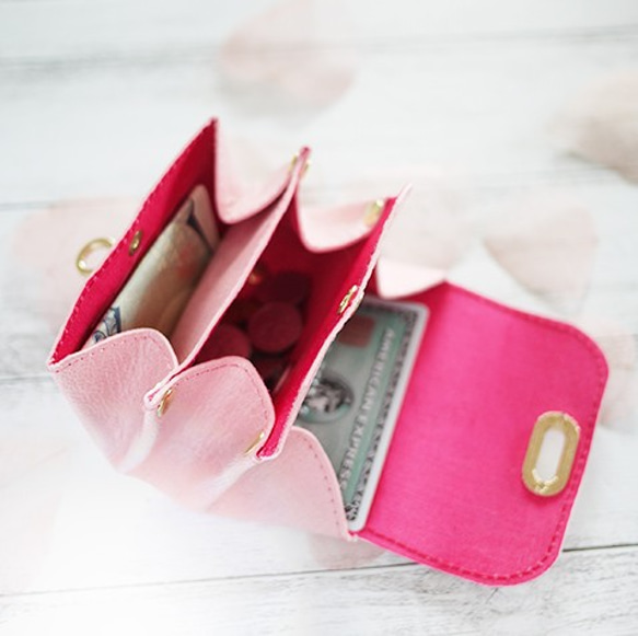 【ミニ財布】可憐で優しい薄紅色の本革 ピンクレザー財布♪ ミニマルマルチ 3枚目の画像
