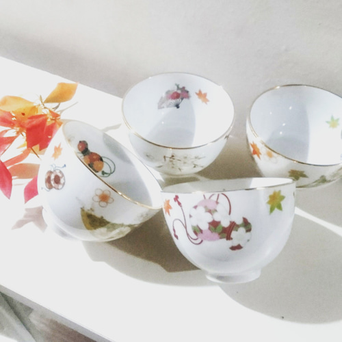 【新品/未使用】手描き、ポーセラーツ/小皿5枚、湯呑み1個 湯呑み2客セット『ポーセラーツ』 湯呑み ポーセラーツサロン『NOUVEAU