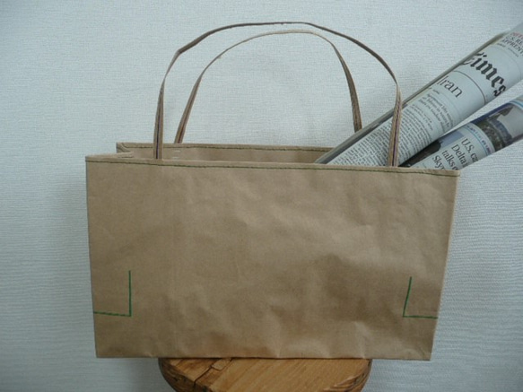 米袋バッグ★ちっちゃい『お袋さん』緑ステッチ★バゲットバッグ 1枚目の画像