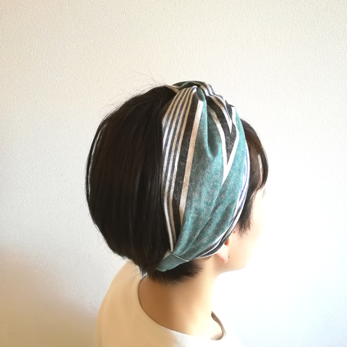 コットンリネン・グリーンストライプ♡ぼこっとならないヘアターバン 