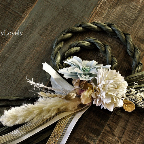 2022しめ縄 注連縄 正月飾り オリーブ色 白 水色 縄飾り しめ縄リース